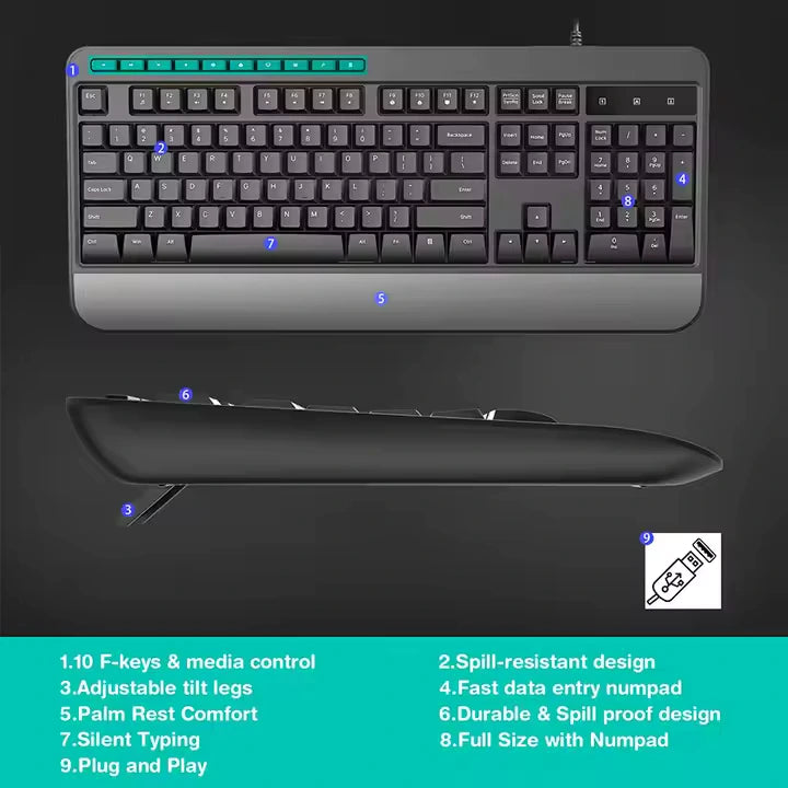 Ergonomic Wired Keyboard and Mouse Combo